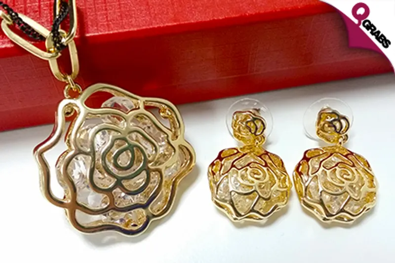 From QR79, Decorate Yourself in Flowery Designs including a Hidden Sparkle with a Gold Tone Rose Jewelry Set! (Up to QR298 Value)